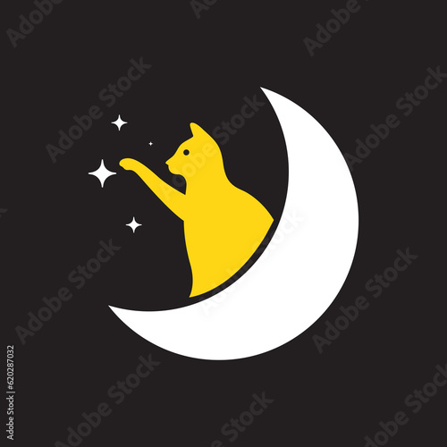 cat pets night crescent stars modern minimal mascot logo vector icon illustration