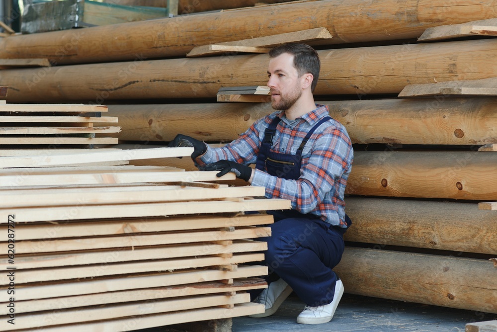 Joiner in uniform check boards on timber mill Joiner in uniform check boards on timber mill