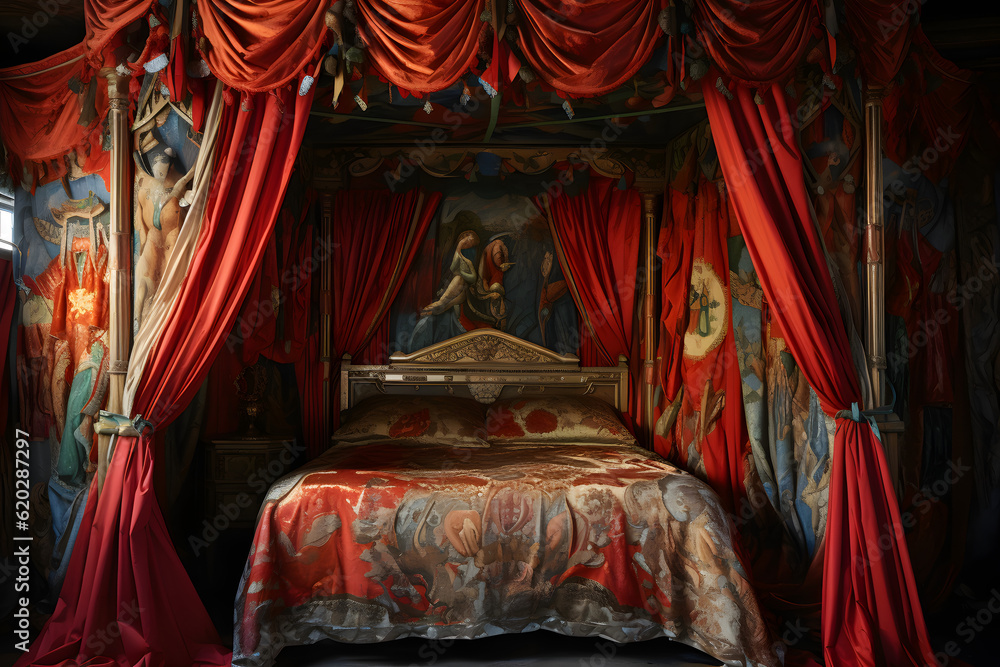 Lavish bedroom with red drapery and a central Renaissance painting