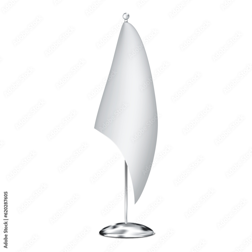 Blank fabric table flag on metal pole stand isolated on white ...