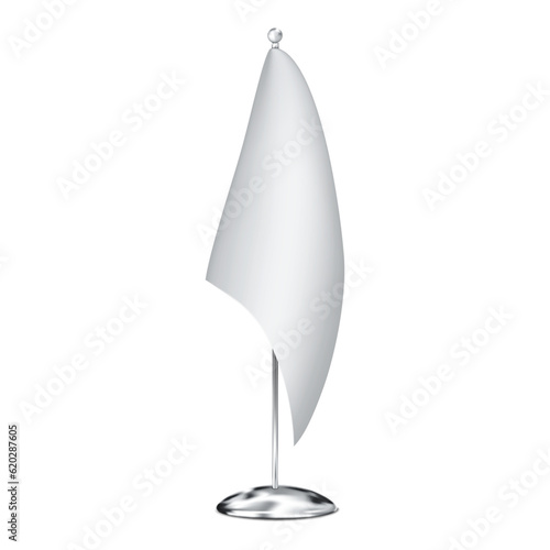 Blank fabric table flag on metal pole stand isolated on white background realistic vector mock-up. Office desk small banner mockup. Template for design
