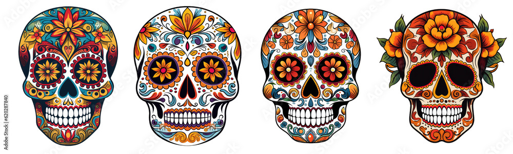Mexican skulls set. Dia de los muertos shugar colorful heads on transparent background Mexican skulls set. Dia de los muertos shugar colorful heads on transparent background