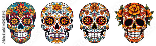 Mexican skulls set. Dia de los muertos shugar colorful heads on transparent background