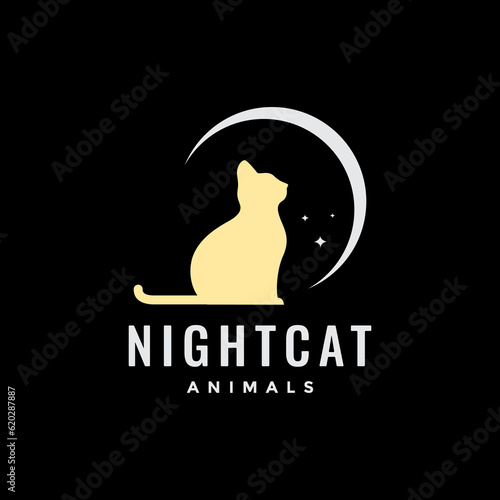 night cat pets crescent moon dream mascot modern logo icon vector illustration