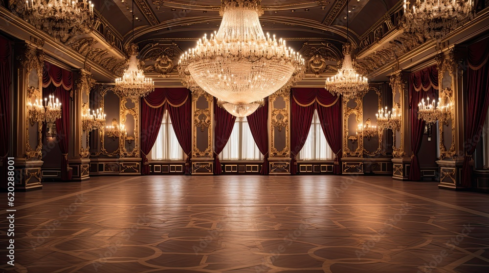 A lavish ballroom with ornate chandeliers, golden accents, and floral embellishments, creating a grand and opulent background. Glamor wedding design. Generative AI.  - obrazy, fototapety, plakaty 