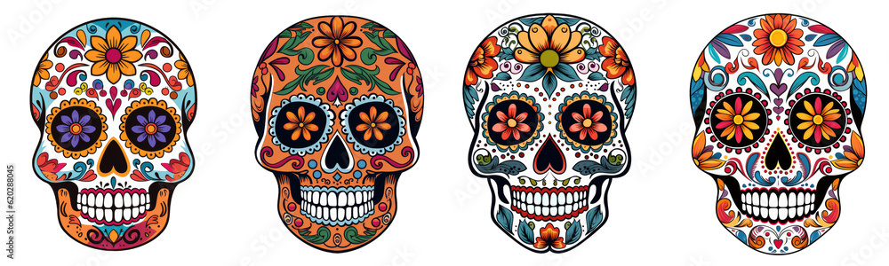Mexican skulls set. Dia de los muertos shugar colorful heads on transparent background Mexican skulls set. Dia de los muertos shugar colorful heads on transparent background