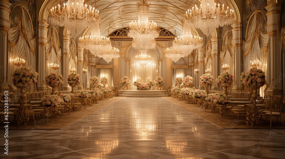 A lavish ballroom with ornate chandeliers, golden accents, and floral embellishments, creating a grand and opulent background. Glamor wedding design. Generative AI.  - obrazy, fototapety, plakaty 