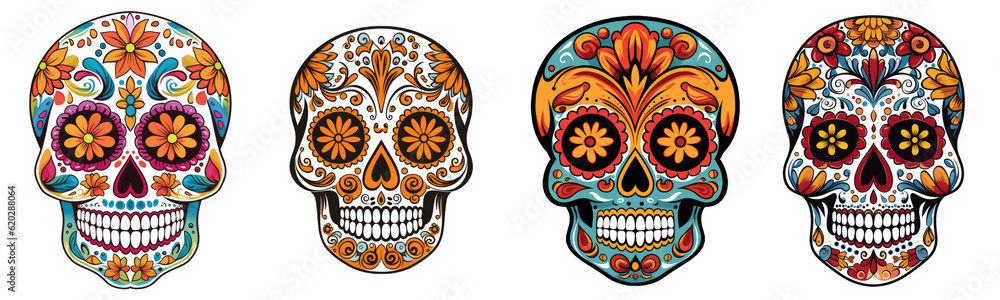 Mexican skulls set. Dia de los muertos shugar colorful heads on transparent background Mexican skulls set. Dia de los muertos shugar colorful heads on transparent background