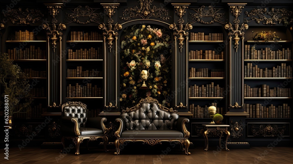A sophisticated library with golden bookshelves and floral embellishments, offering a refined