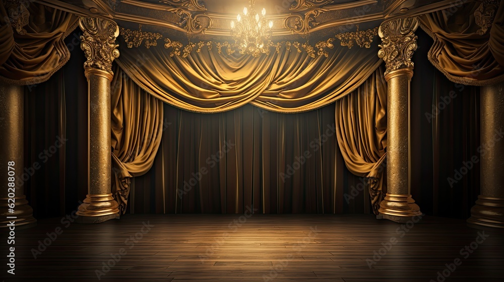 An opulent theater stage with golden curtains, intricate floral decorations, and a spotlight, creating a glamorous and theatrical backdrop. Wallpaper, backgrounds, social media design. Generative AI. 