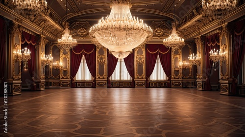 Foto A lavish ballroom with ornate chandeliers, golden accents, and floral embellishments, creating a grand and opulent background