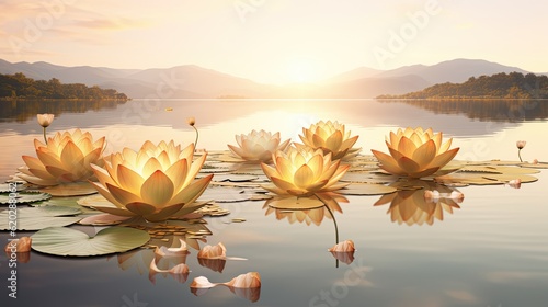 Fotografia A serene lakeside retreat with golden lotus flowers floating on the tranquil water, providing a serene luxurious space for showcasing your text
