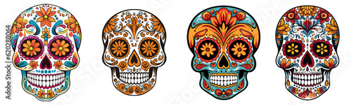 Mexican skulls set. Dia de los muertos shugar colorful heads on transparent background