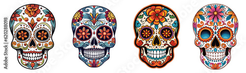 Mexican skulls set. Dia de los muertos shugar colorful heads on transparent background