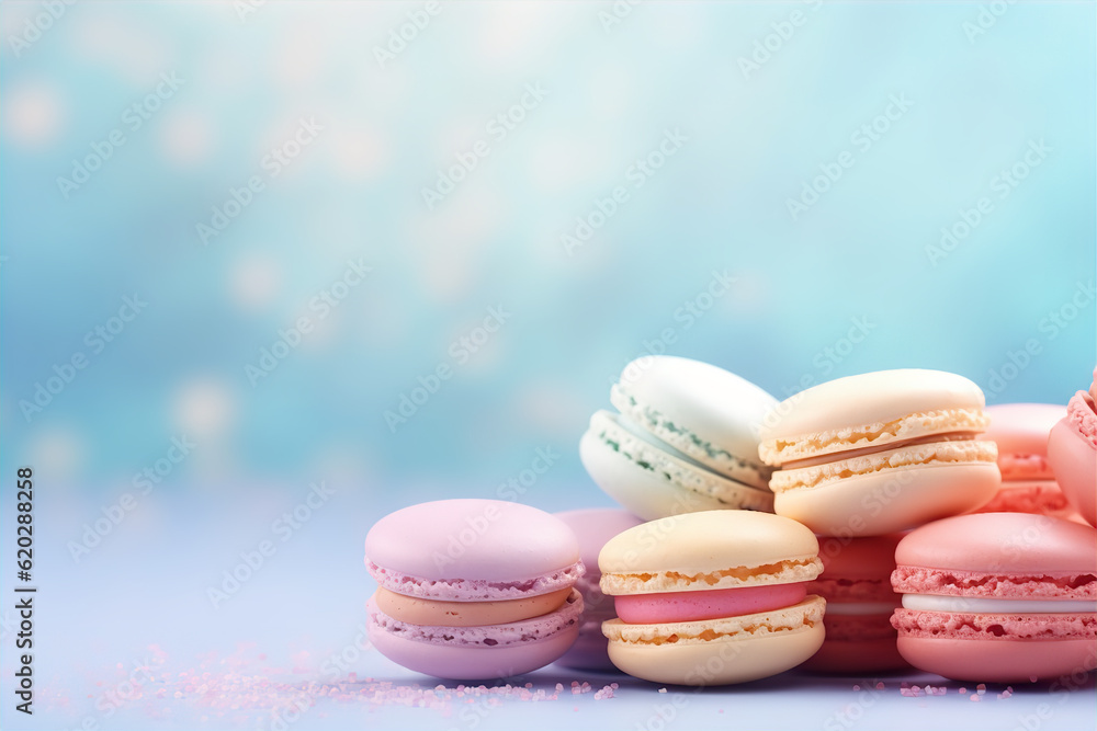 Obraz premium Pastel colours french macaroons on bokeh background. Dessert banner