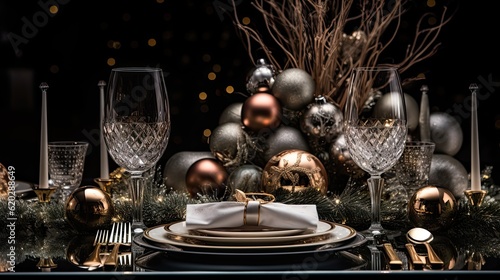 A luxurious Christmas table setting with golden cutlery, crystal glassware, and a centerpiece adorned with gold accents, providing an opulent and minimal space for text. Generative AI. 