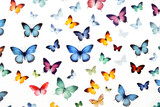 many random collored butterflies on white background