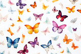 many random collored butterflies on white background
