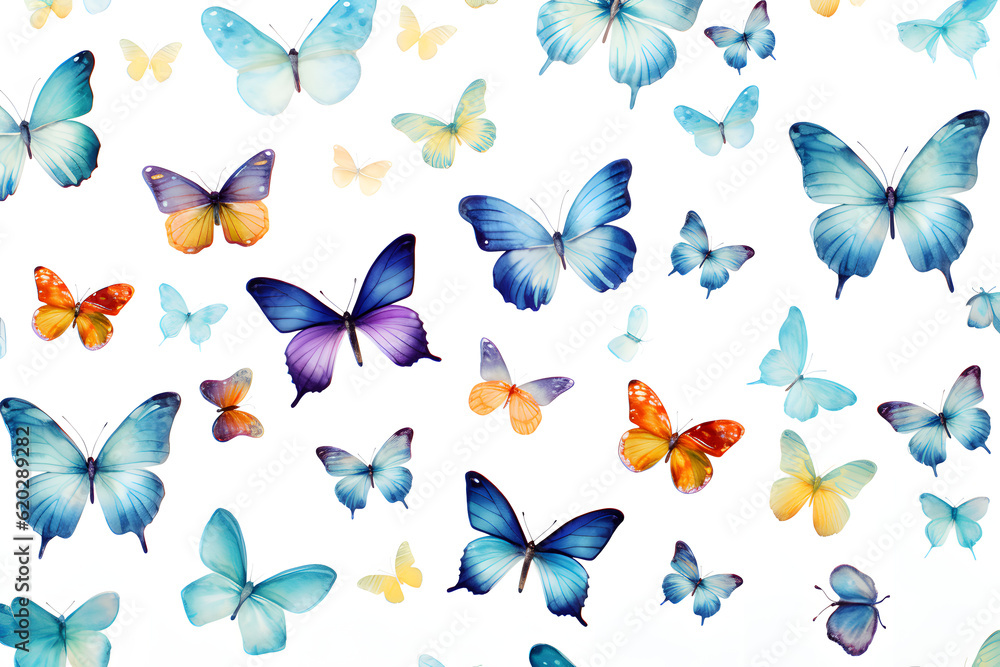 Naklejka premium Various blue and orange butterflies scattered on a white background
