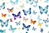 Various blue and orange butterflies scattered on a white background