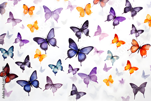 Assorted butterflies in various colors on a white canvas
