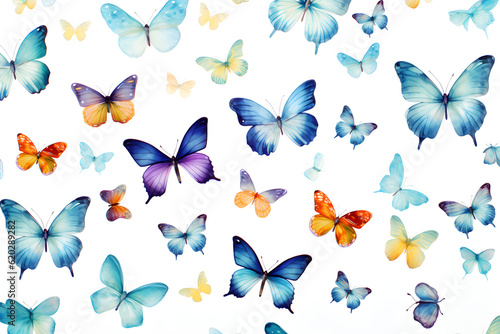 Various blue and orange butterflies scattered on a white background