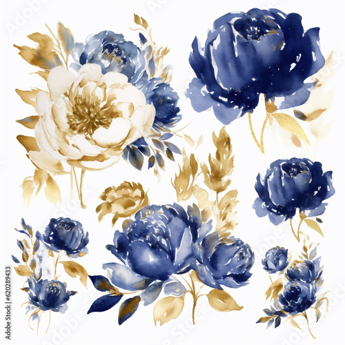 Watercolor Royal Blue and Gold Glam set of peonies Clipart ai generated