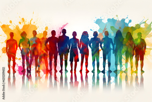 colored silhouette of teamworking people standing in white background
