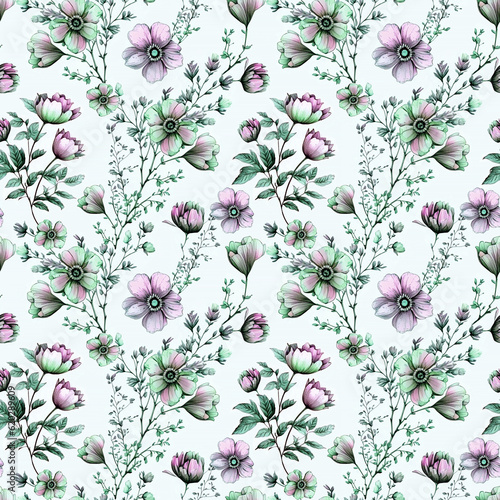 Seamless pattern with Ai generated gentle blossom flowers and branches in hand drawn watercolor style. Illustration for apparel  textile  wrapping paper  bed sheets  tablecloth.