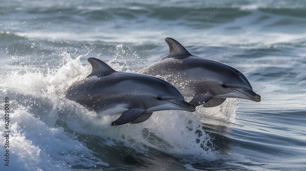 Fototapeta premium Dolphins in the open see. Generative AI