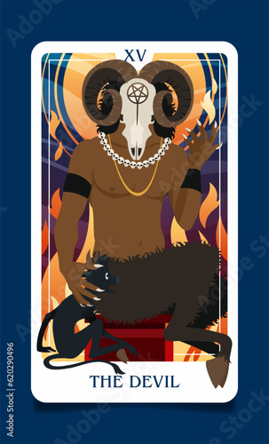 The card of the senior arcana is a the devil. Occult esoteric spiritual Tarot. Numerology and fortune telling. Modern flat vector illustrations