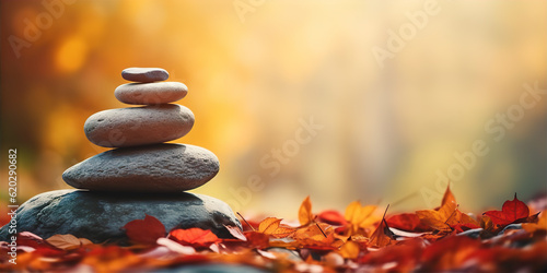 Natural stone tower under the autumn leafs with empty space for banner template