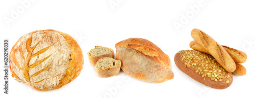 Bread, ciabatta, baguette and other baked goods isolated on white background. Wide photo. Collage.