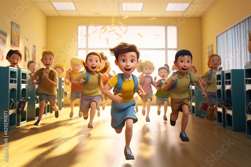 cute cartoon children with backpacks excited running into class room back to school illustration