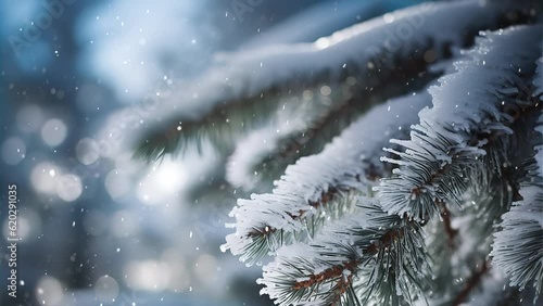 Christmas Winter Wonderland Forest Macro Pine Tree Branch Snowing Snowfall Background Loop