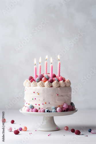 birthday cake on a table on a neutral grey background, studio shoot, light candle