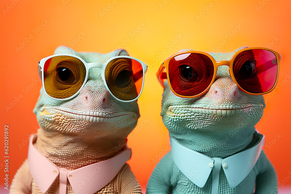 Stylish portrait of two dressed up chameleons wearing sunglasses and suit. Bright gradient background. Copy space for text. Generative AI.