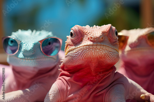 Stylish portrait of three chameleons on a beach longue. Summer vacation concept. Generative AI.