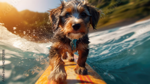 Dog surfing on a surfboard