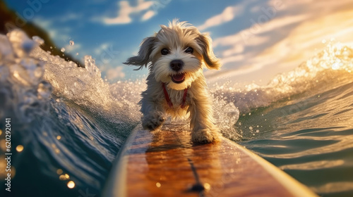 Dog surfing on a surfboard