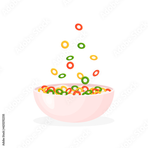 Colorful cereal milk breakfast. Rolled oats or crunchy cornflakes ara falling in a bowl. Sweet food for kids. Vector illustration in trendy flat style