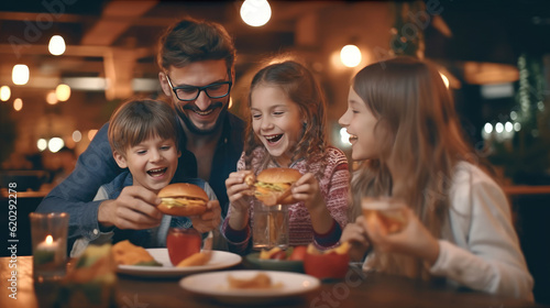 Happy family eating cheese burger in the restaurant