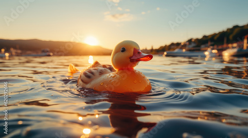 Yellow rubber duck toy in the sea