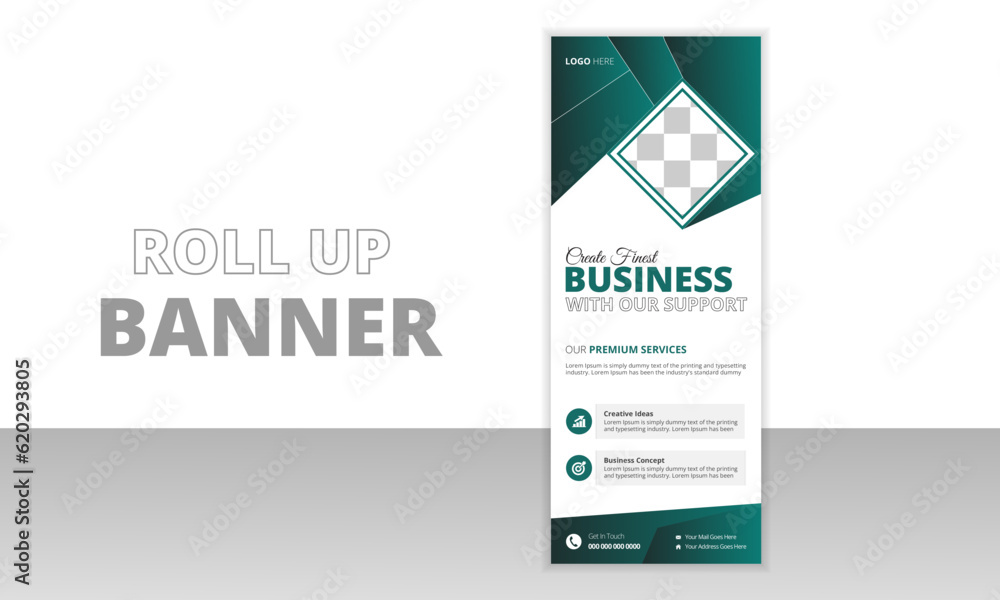 Corporate business Roll Up Banner for Presentation. Vertical roll up, x-stand, exhibition display, Retractable banner stand design template, vertical, abstract background, pull up design.