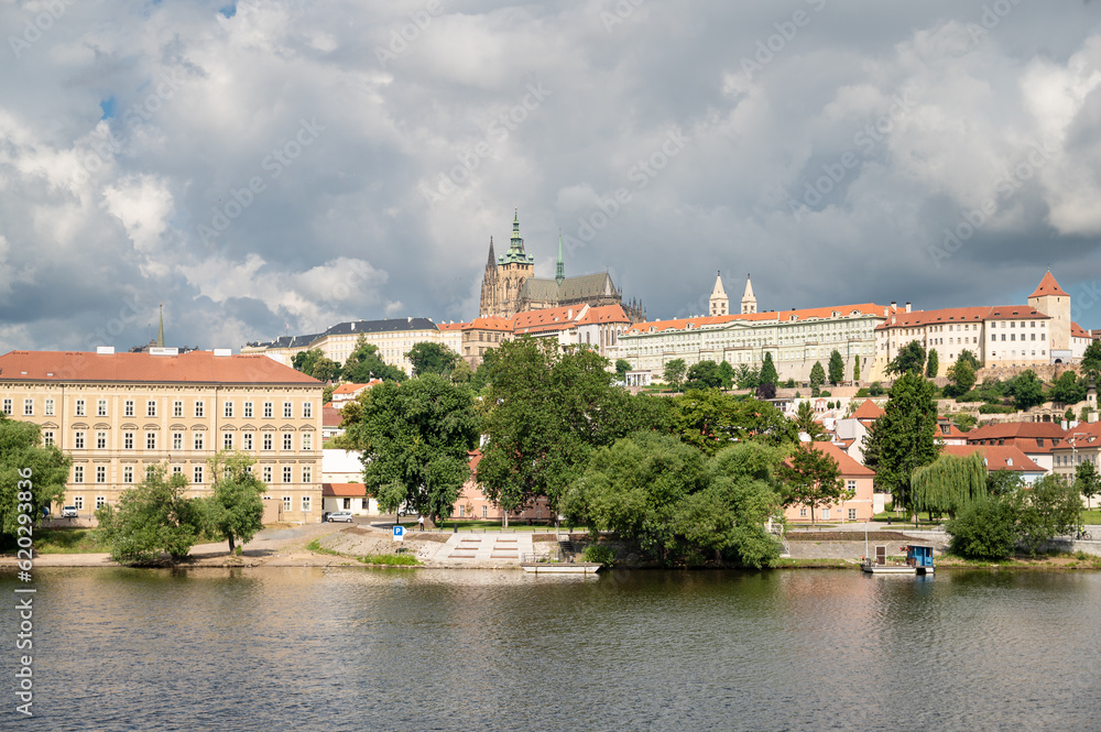 View of colorful old town and Prague castle with river Vltava, Czech Republic
