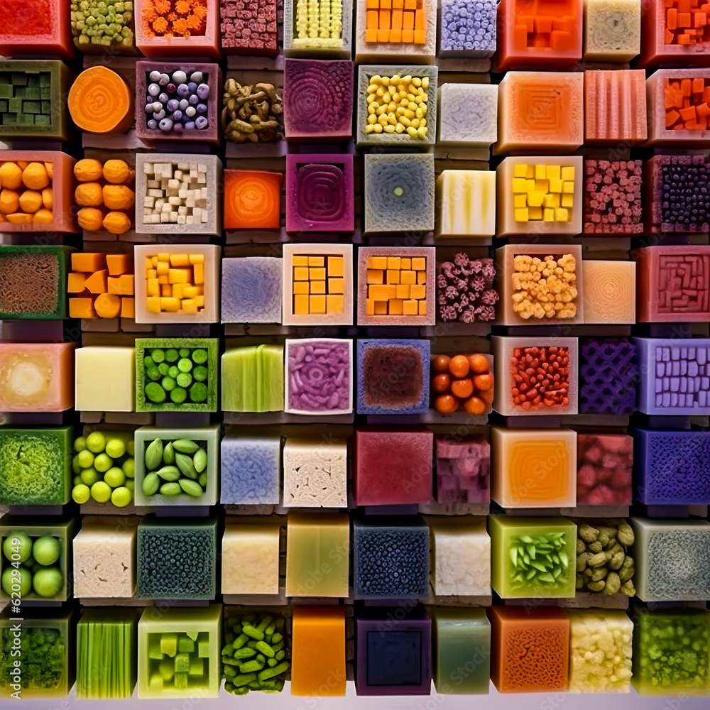 a collection of blocks with various colorful vegetables and foods