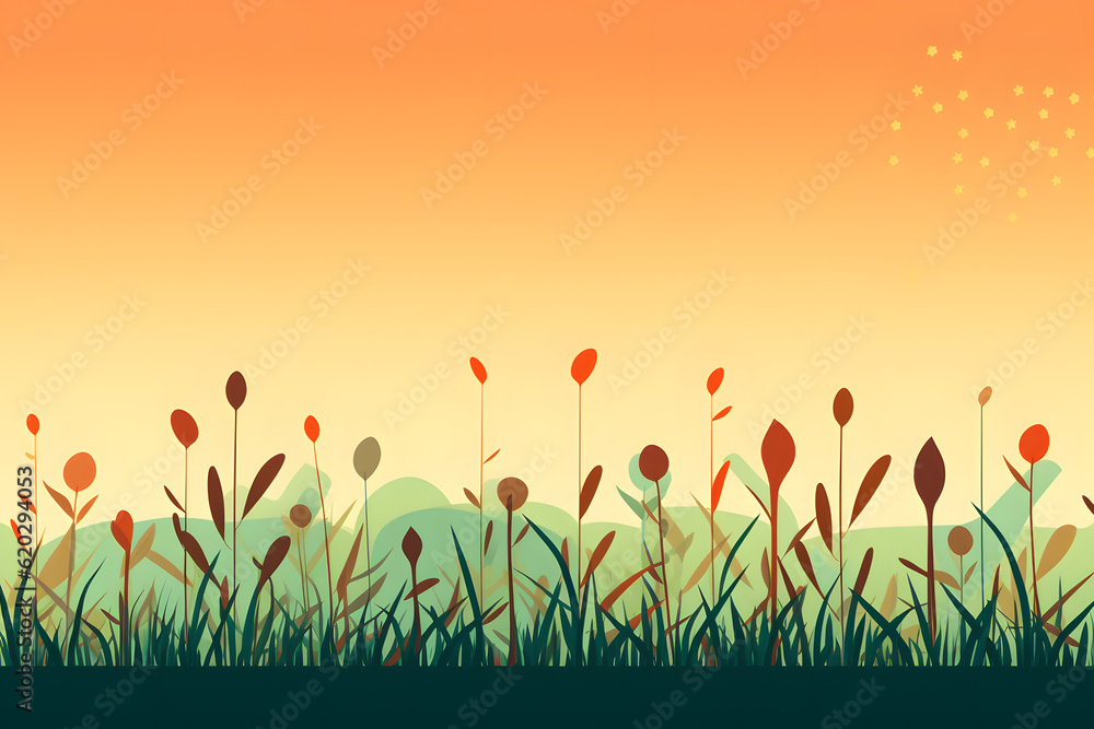 Meadow with tall slender plants during a warm gradient sunset