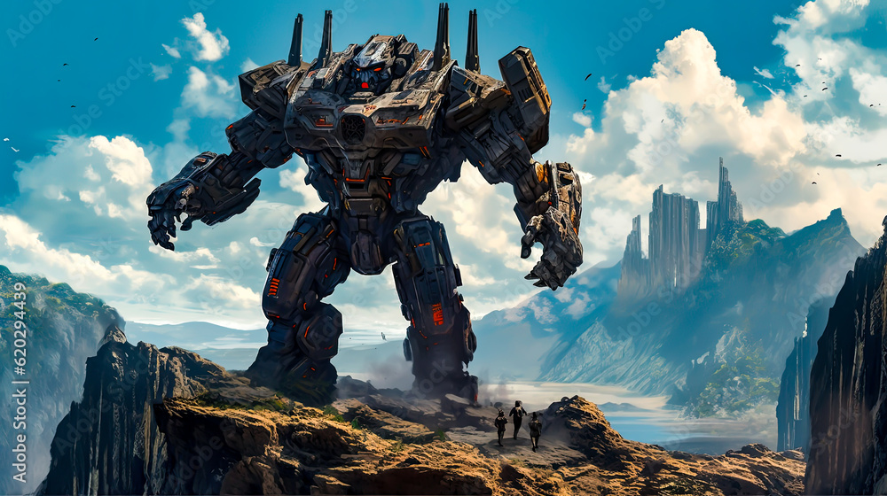 A giant armored robot in the icy mountains, looking at a human A giant armored robot in the icy mountains, looking at a human