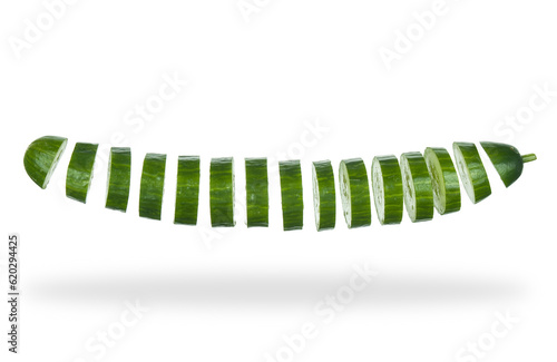 Fresh sliced cucumber close up isolated on white background