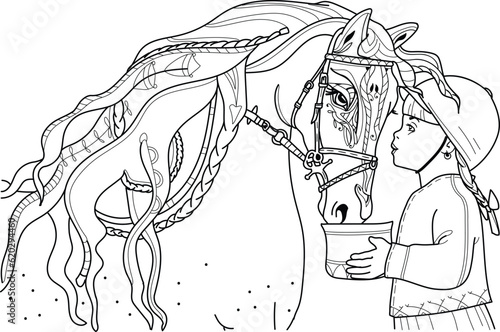 Girl and a Horse - Printable Coloring Page. (Coloring book pages for adults and kids, Coloring sheet, Coloring design)